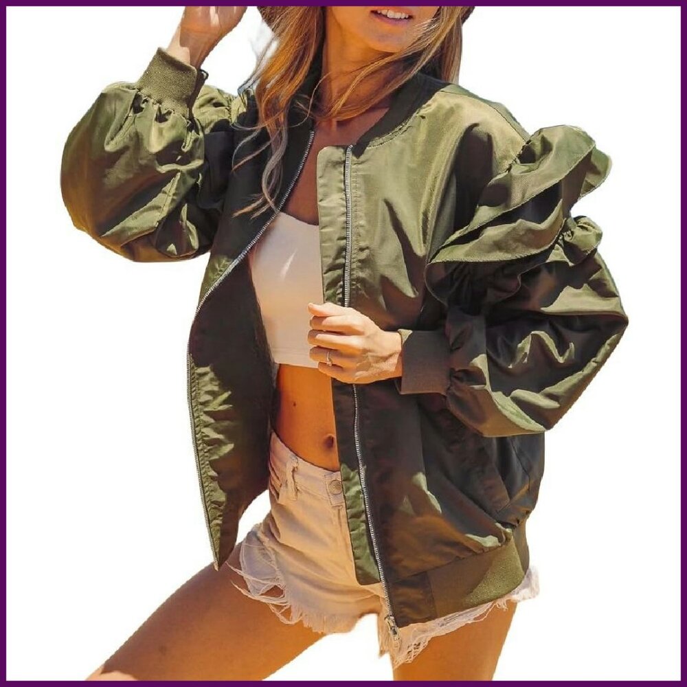 Lightweight Bomber Jacket With Ruffle Sleeves, Zi… - image 1